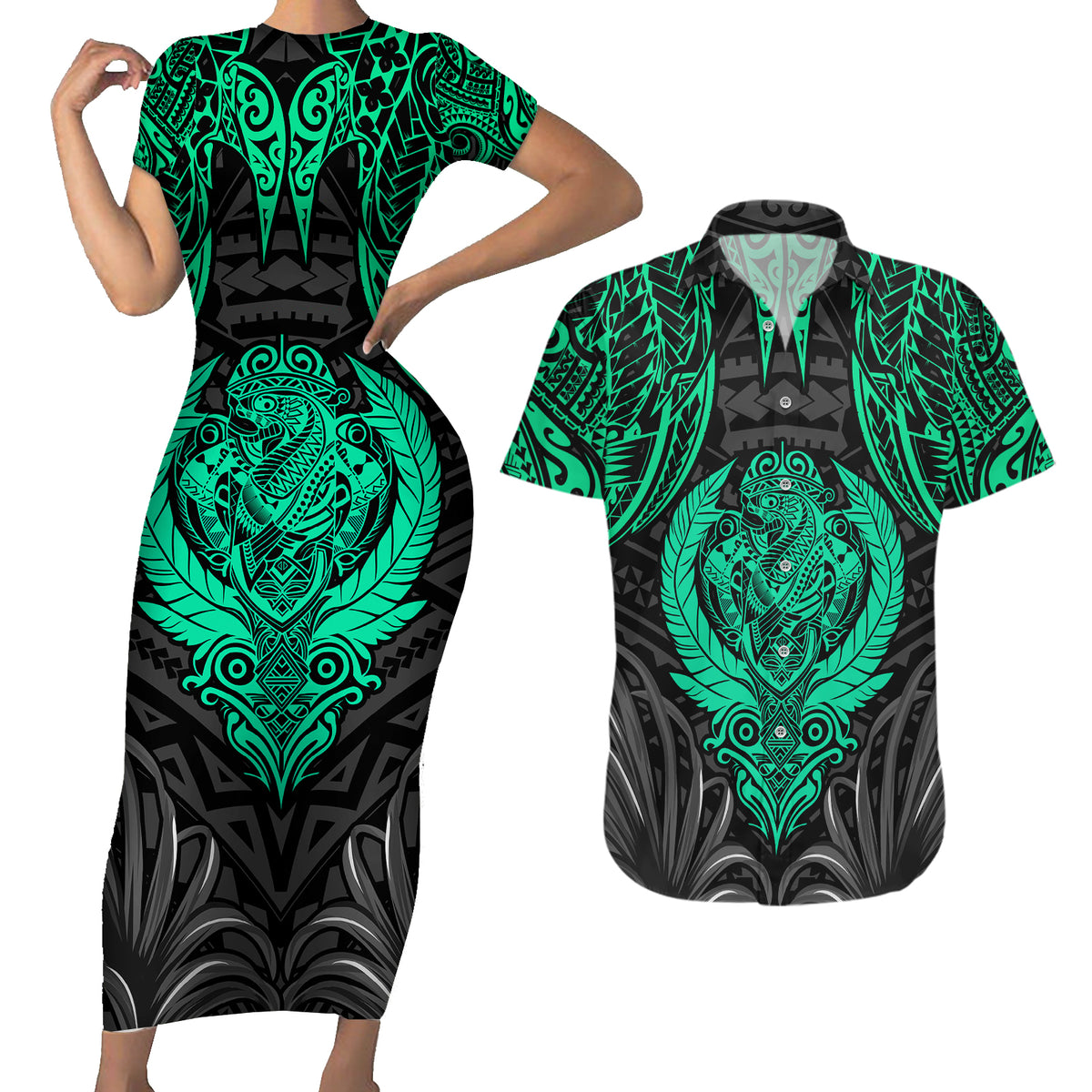 Polynesian Couples Matching Short Sleeve Bodycon Dress and Hawaiian Shirt Abstract Tiki - Wonder Print Shop