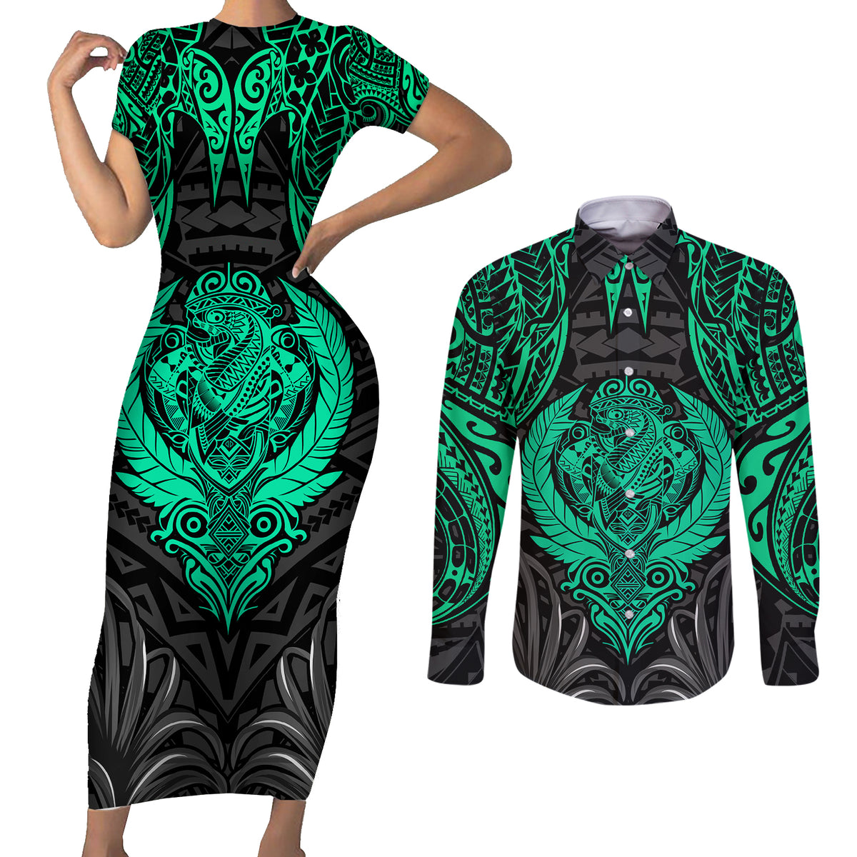 Polynesian Couples Matching Short Sleeve Bodycon Dress and Long Sleeve Button Shirts Abstract Tiki - Wonder Print Shop