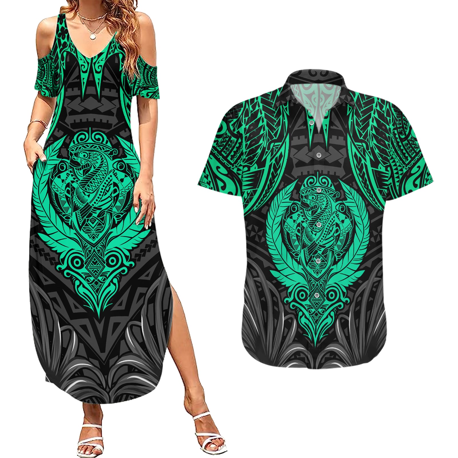 Polynesian Couples Matching Summer Maxi Dress and Hawaiian Shirt Abstract Tiki - Wonder Print Shop
