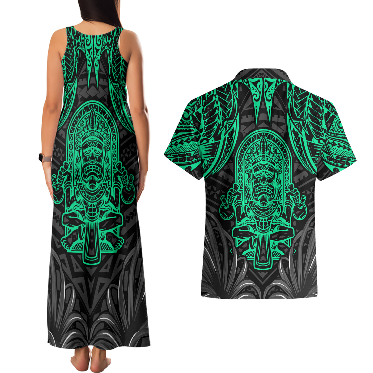 Polynesian Couples Matching Tank Maxi Dress and Hawaiian Shirt Abstract Tiki - Wonder Print Shop