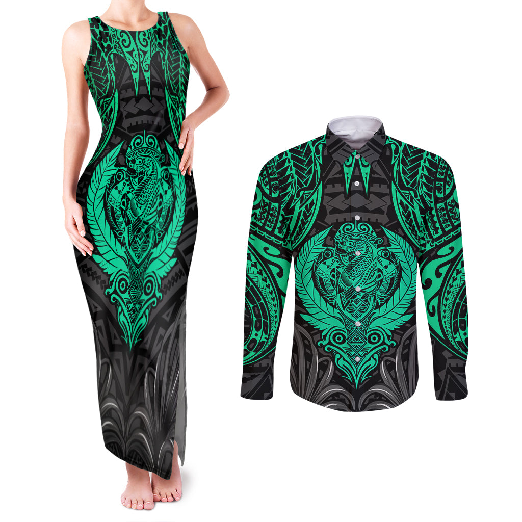 Polynesian Couples Matching Tank Maxi Dress and Long Sleeve Button Shirts Abstract Tiki - Wonder Print Shop