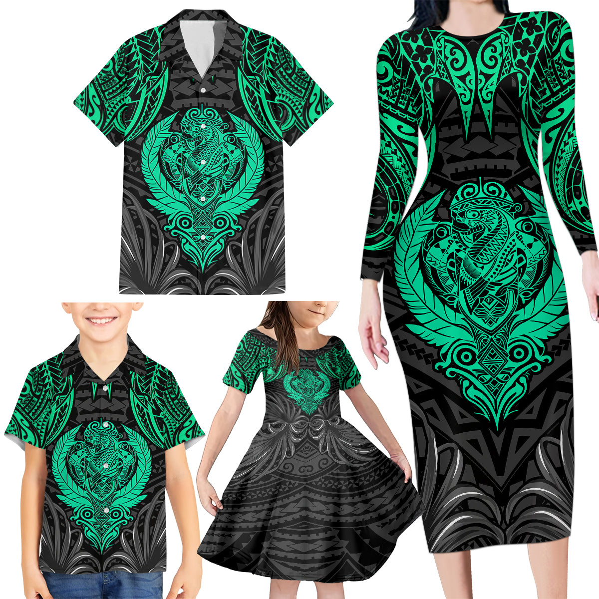 Polynesian Family Matching Long Sleeve Bodycon Dress and Hawaiian Shirt Abstract Tiki - Wonder Print Shop