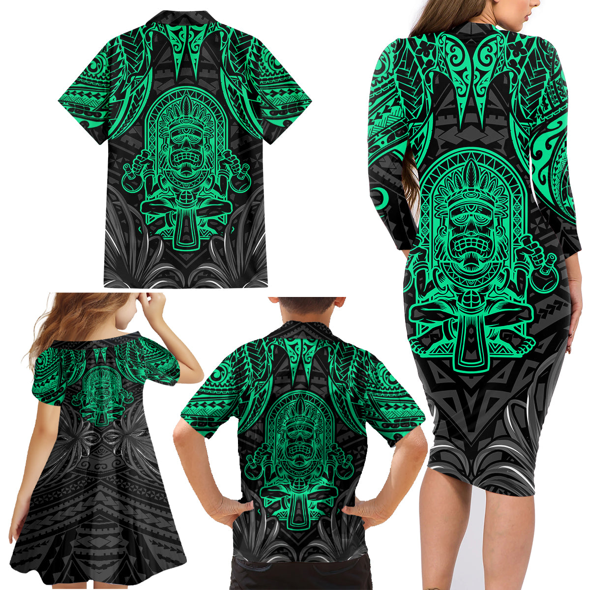 Polynesian Family Matching Long Sleeve Bodycon Dress and Hawaiian Shirt Abstract Tiki - Wonder Print Shop