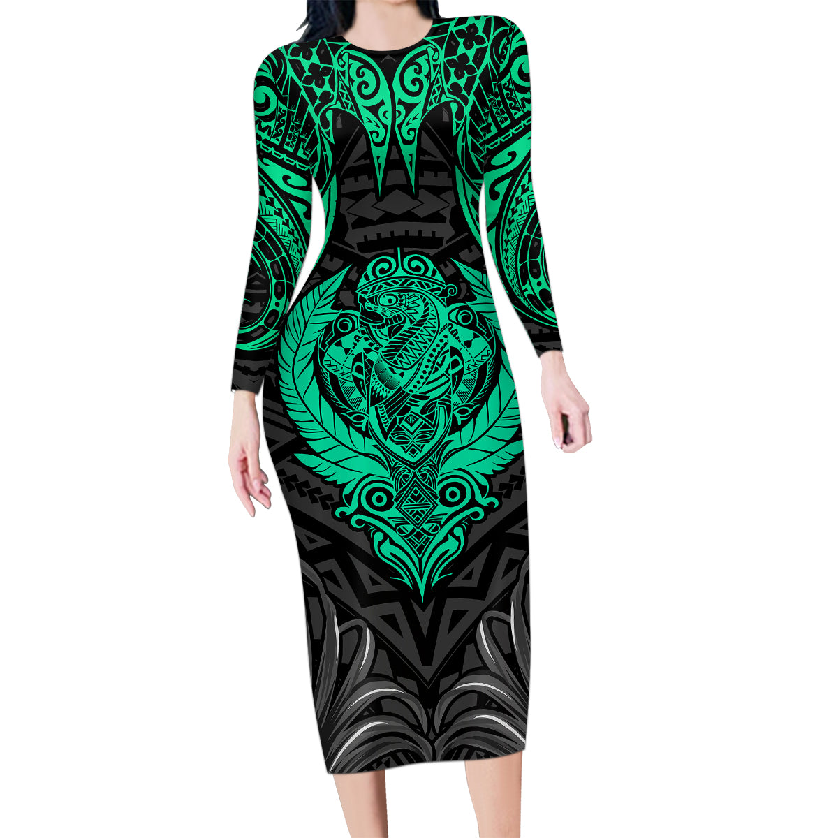 Polynesian Family Matching Long Sleeve Bodycon Dress and Hawaiian Shirt Abstract Tiki - Wonder Print Shop