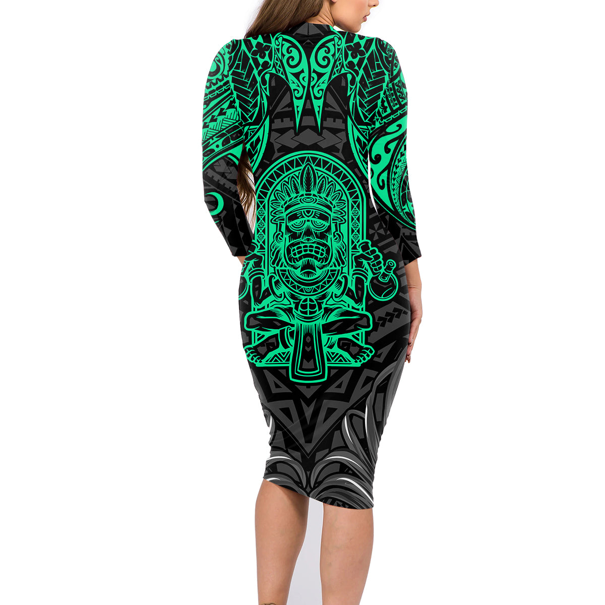 Polynesian Family Matching Long Sleeve Bodycon Dress and Hawaiian Shirt Abstract Tiki - Wonder Print Shop