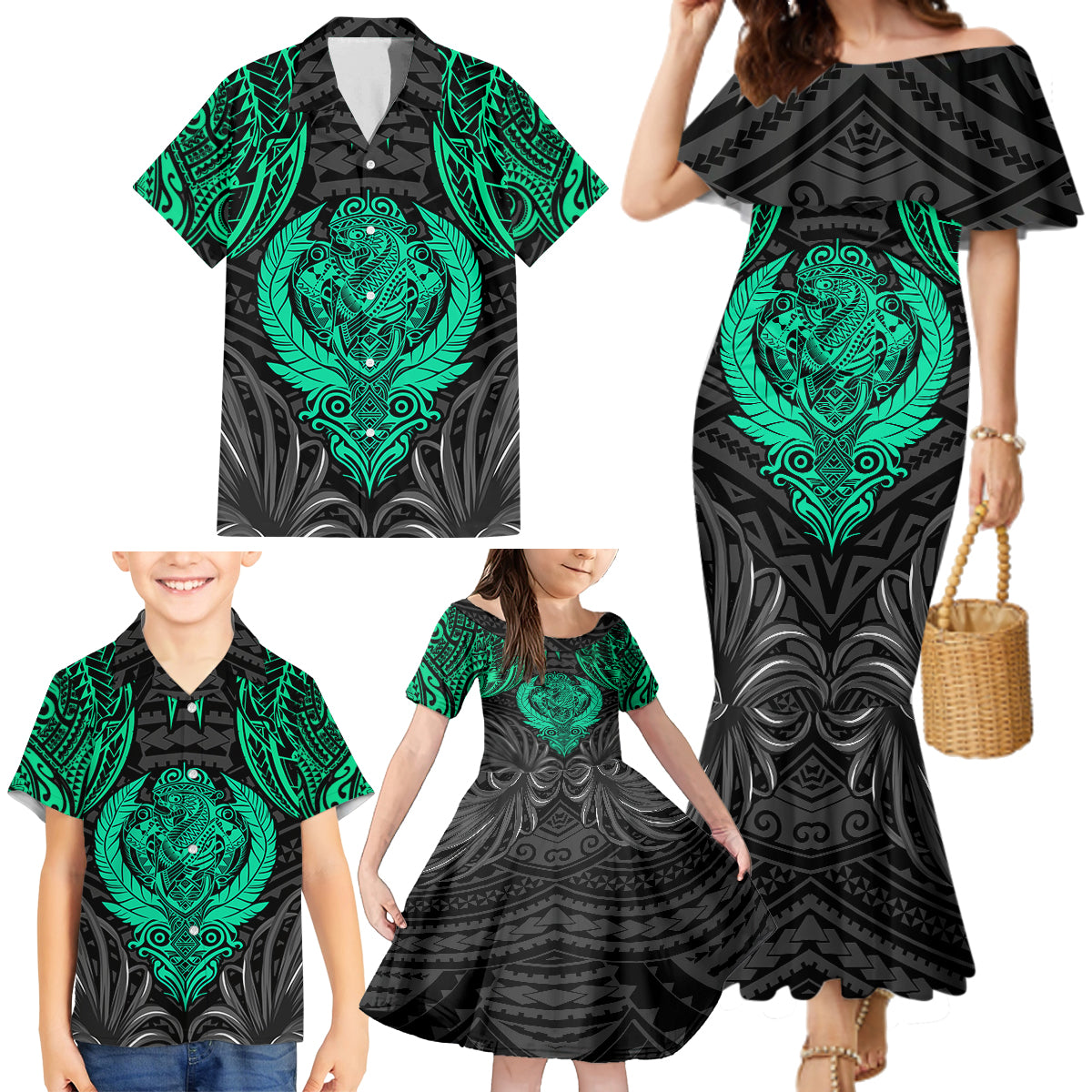 Polynesian Family Matching Mermaid Dress and Hawaiian Shirt Abstract Tiki - Wonder Print Shop