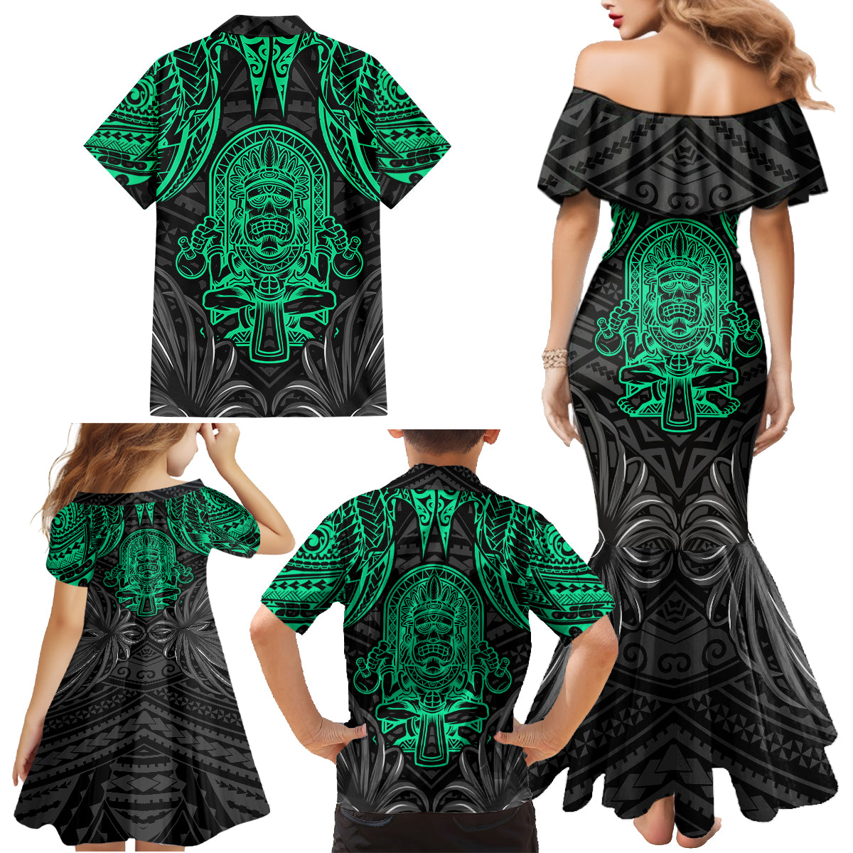 Polynesian Family Matching Mermaid Dress and Hawaiian Shirt Abstract Tiki - Wonder Print Shop