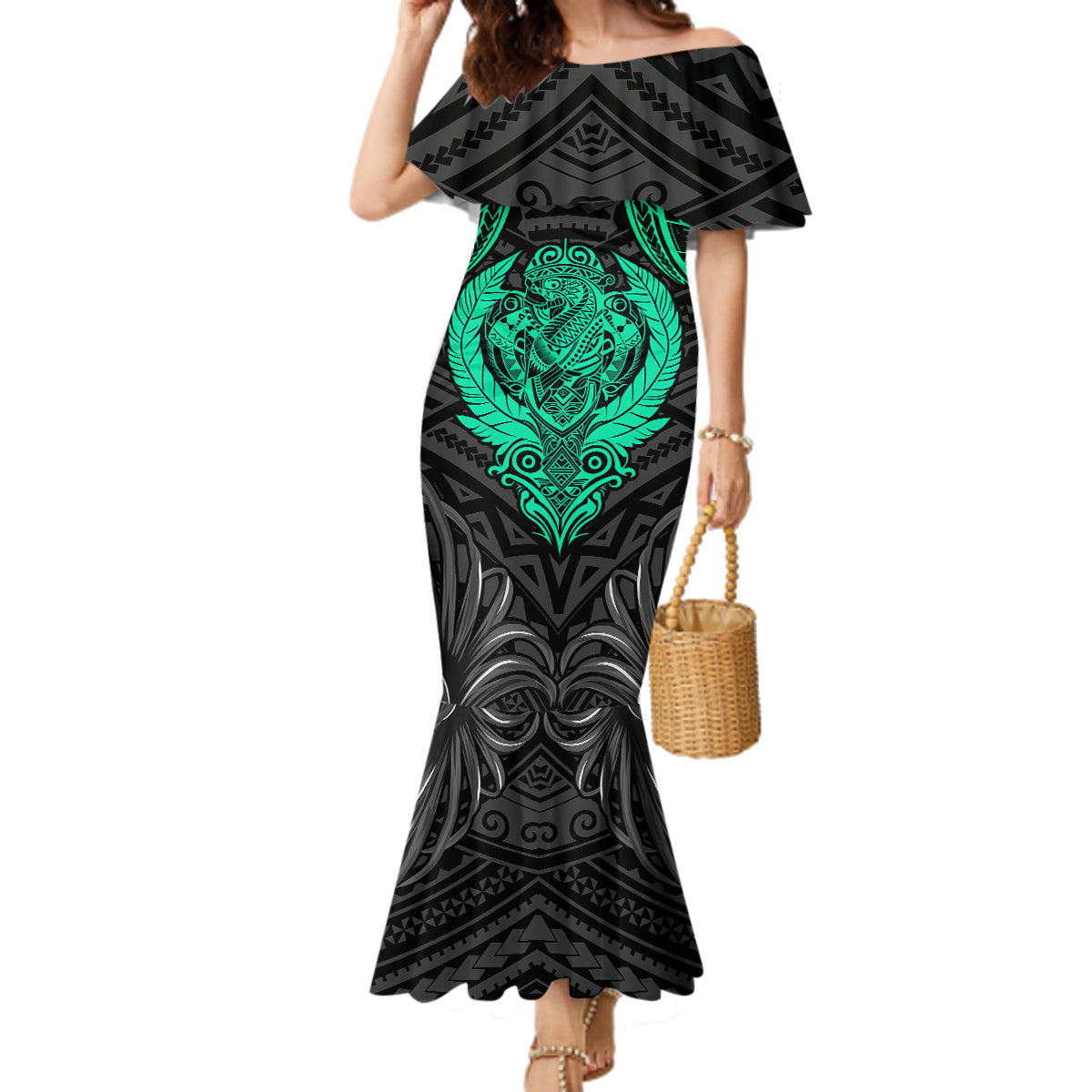 Polynesian Family Matching Mermaid Dress and Hawaiian Shirt Abstract Tiki - Wonder Print Shop