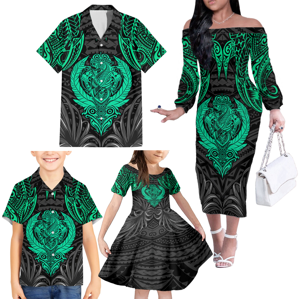 Polynesian Family Matching Off Shoulder Long Sleeve Dress and Hawaiian Shirt Abstract Tiki - Wonder Print Shop