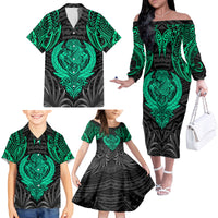 Polynesian Family Matching Off Shoulder Long Sleeve Dress and Hawaiian Shirt Abstract Tiki - Wonder Print Shop