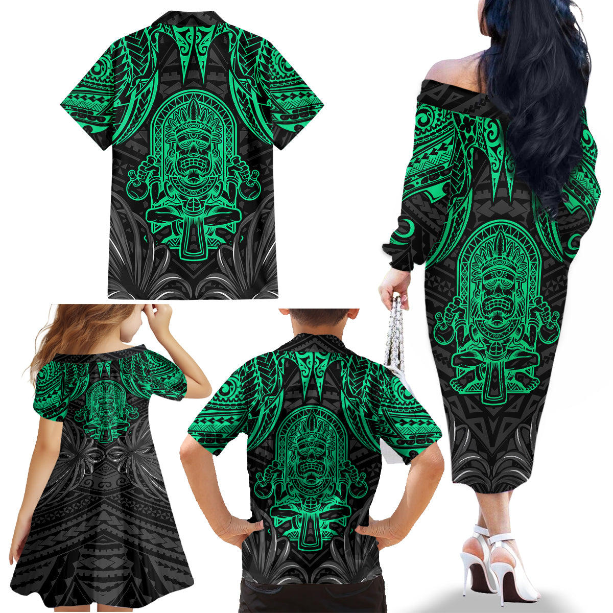 Polynesian Family Matching Off Shoulder Long Sleeve Dress and Hawaiian Shirt Abstract Tiki - Wonder Print Shop