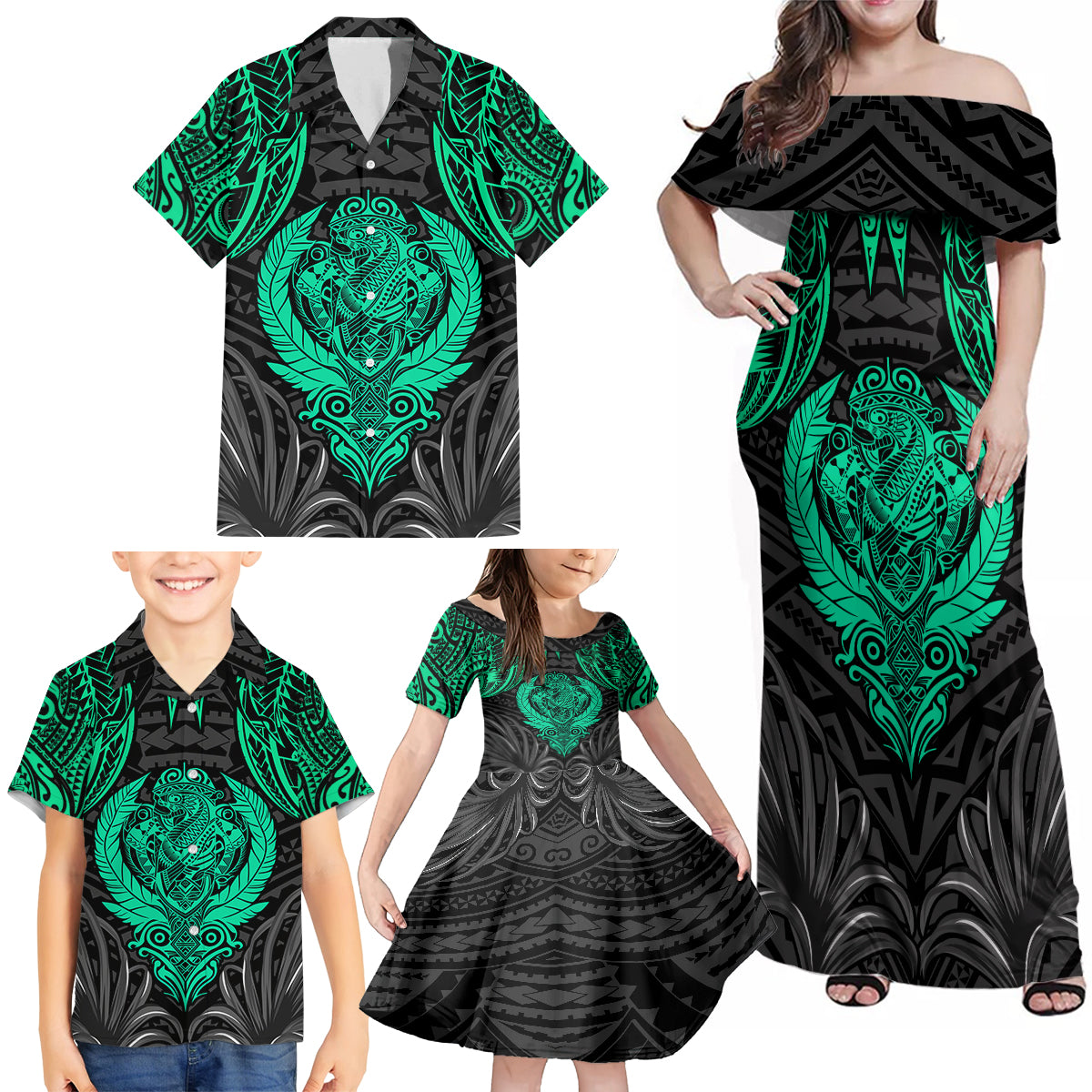 Polynesian Family Matching Off Shoulder Maxi Dress and Hawaiian Shirt Abstract Tiki - Wonder Print Shop