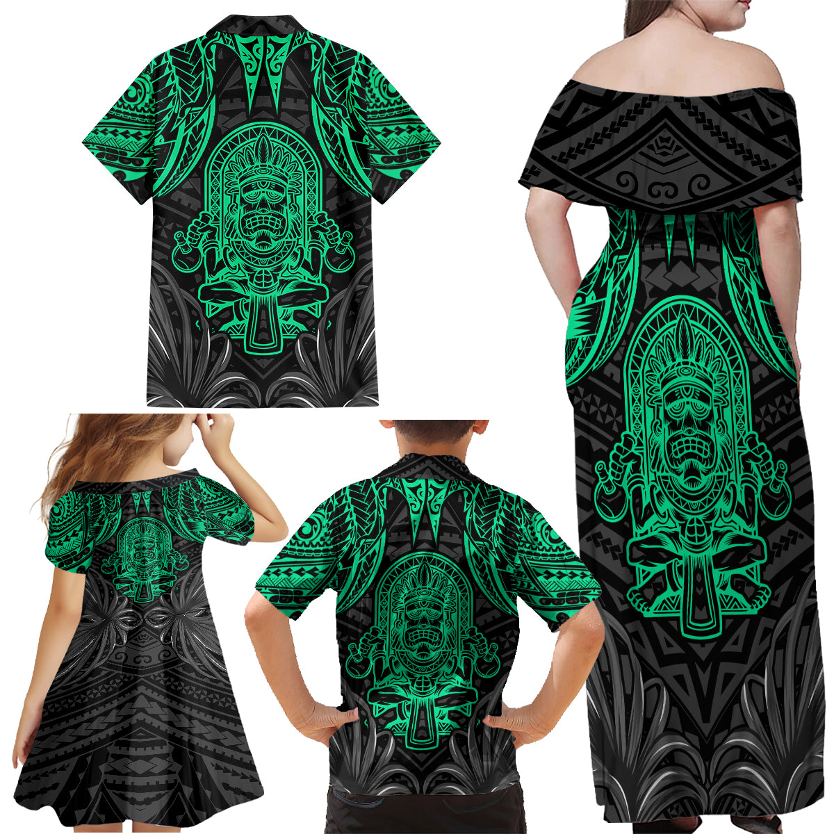 Polynesian Family Matching Off Shoulder Maxi Dress and Hawaiian Shirt Abstract Tiki - Wonder Print Shop