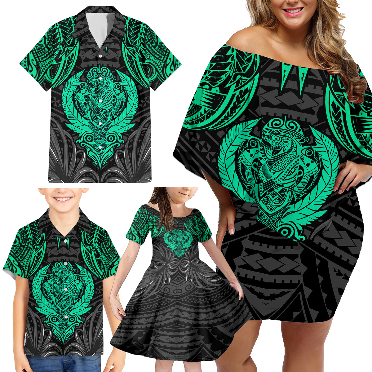 Polynesian Family Matching Off Shoulder Short Dress and Hawaiian Shirt Abstract Tiki - Wonder Print Shop