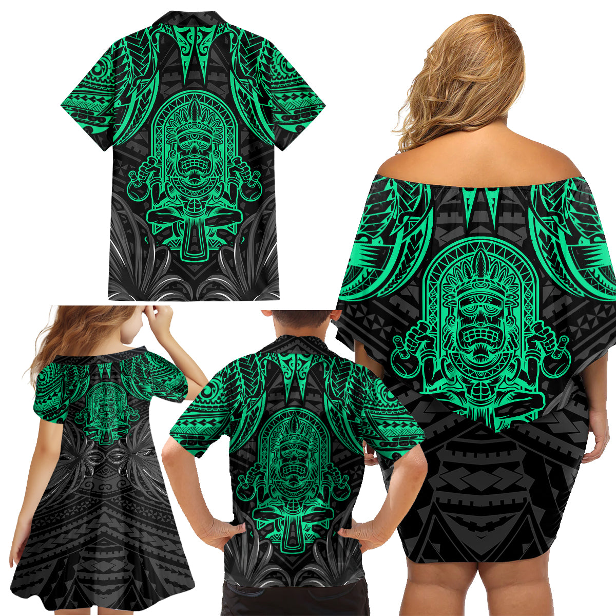 Polynesian Family Matching Off Shoulder Short Dress and Hawaiian Shirt Abstract Tiki - Wonder Print Shop