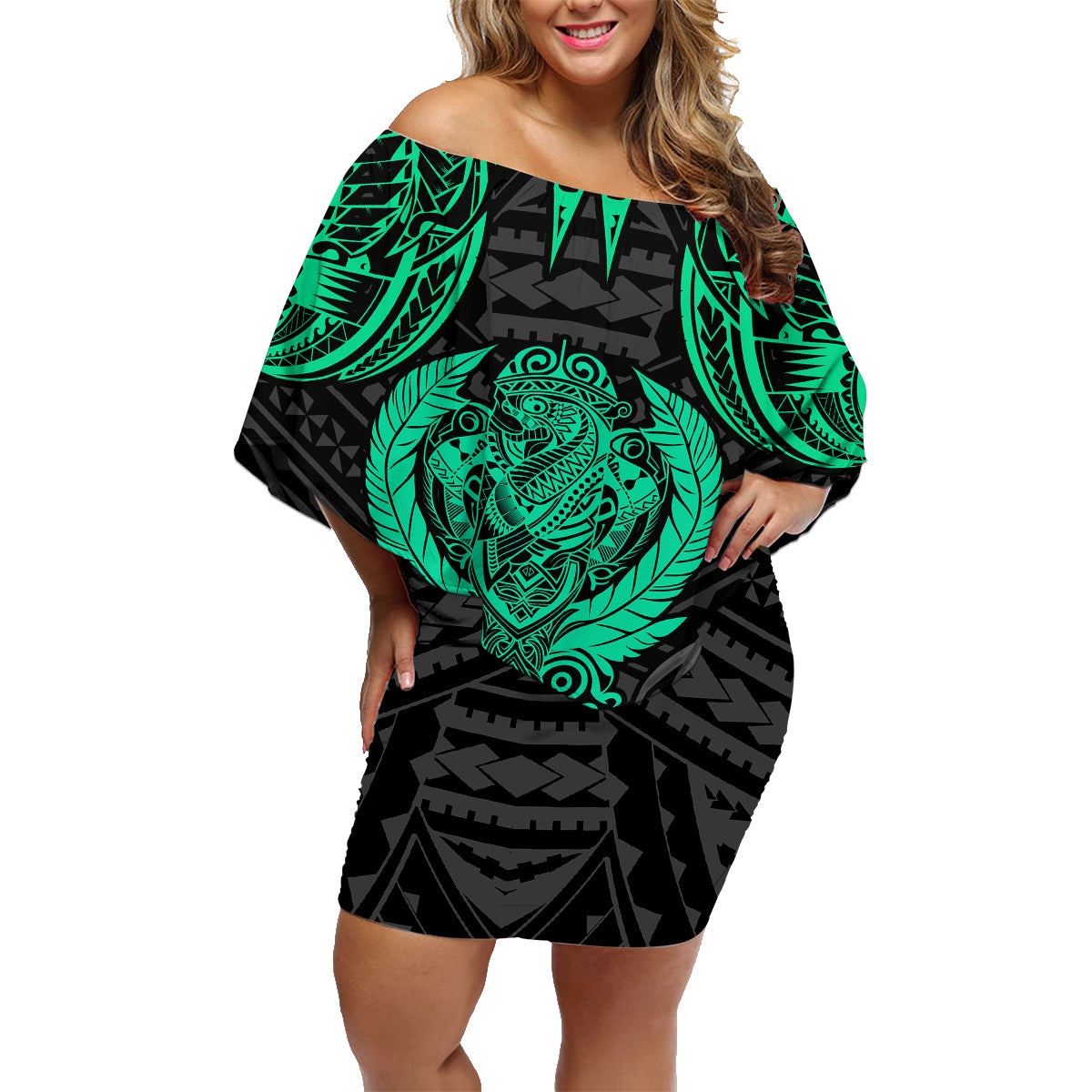Polynesian Family Matching Off Shoulder Short Dress and Hawaiian Shirt Abstract Tiki - Wonder Print Shop