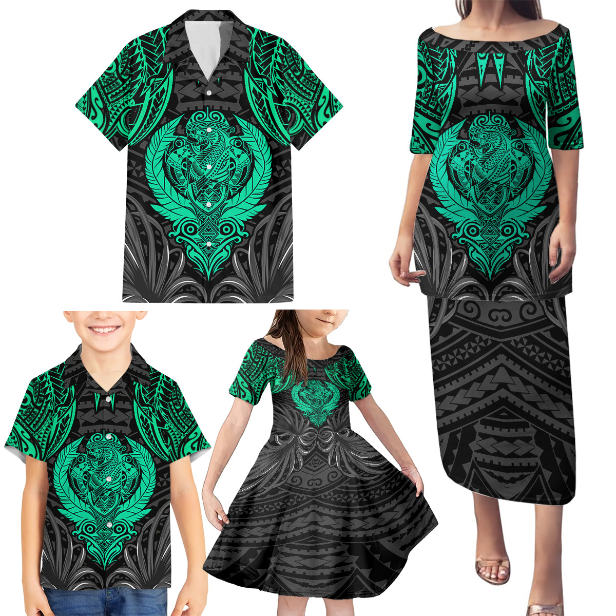 Polynesian Family Matching Puletasi Dress and Hawaiian Shirt Abstract Tiki - Wonder Print Shop