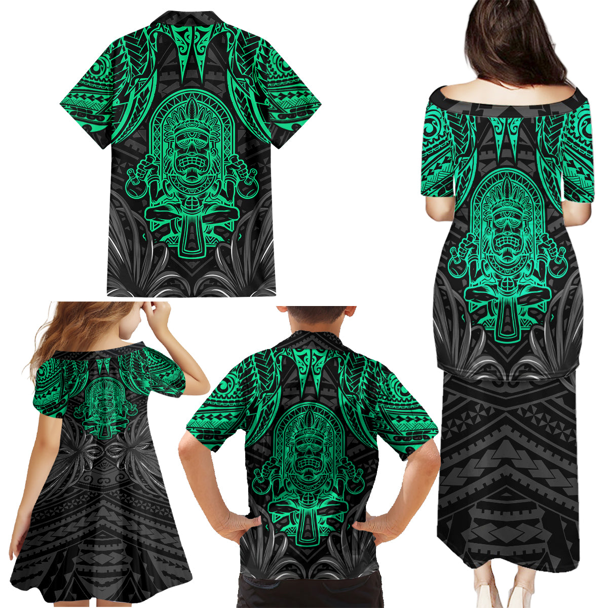 Polynesian Family Matching Puletasi Dress and Hawaiian Shirt Abstract Tiki - Wonder Print Shop