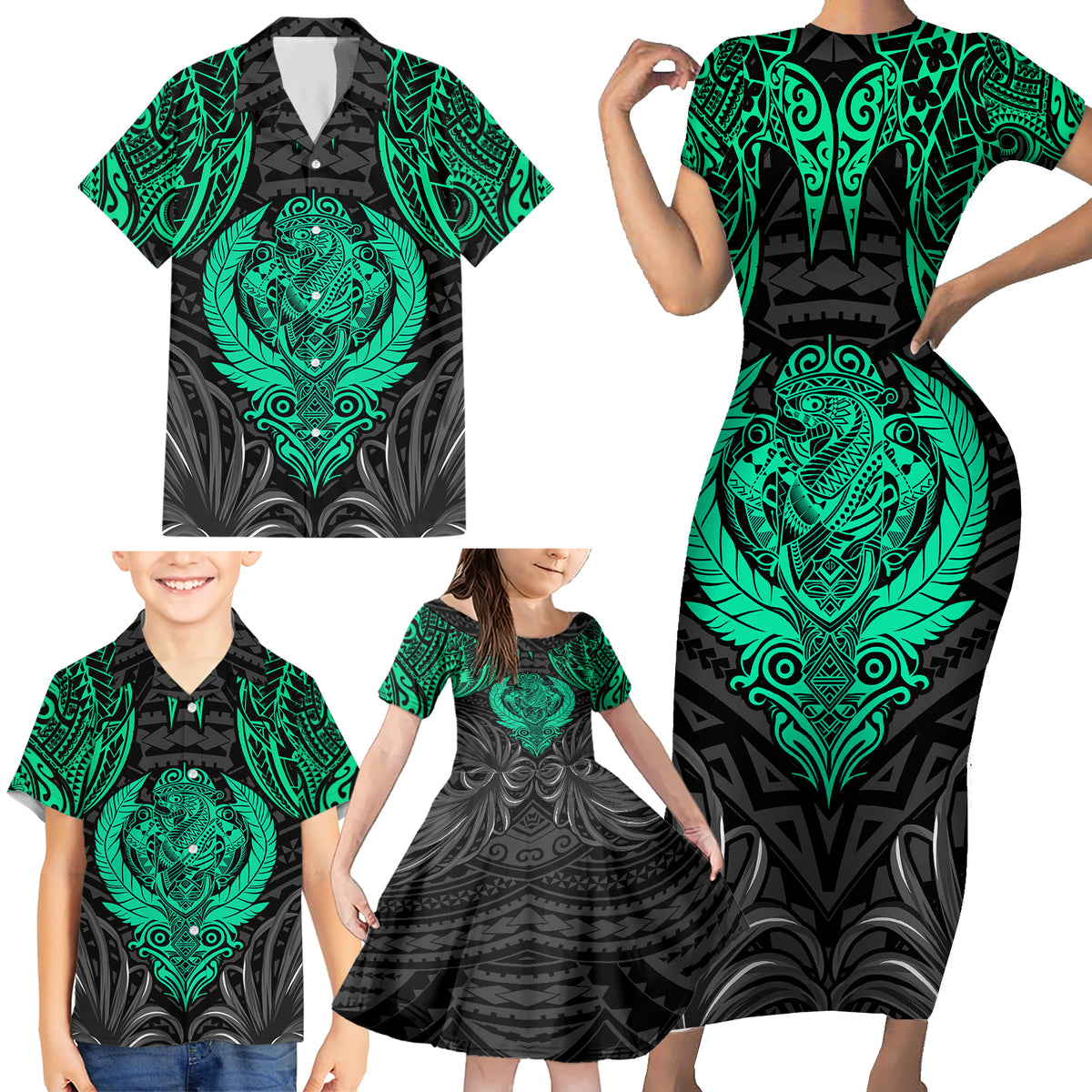 Polynesian Family Matching Short Sleeve Bodycon Dress and Hawaiian Shirt Abstract Tiki - Wonder Print Shop