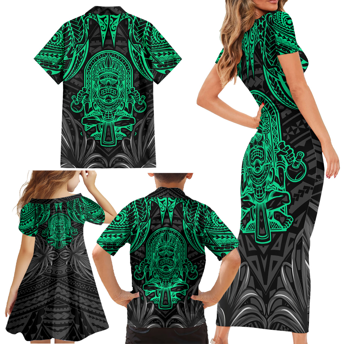 Polynesian Family Matching Short Sleeve Bodycon Dress and Hawaiian Shirt Abstract Tiki - Wonder Print Shop