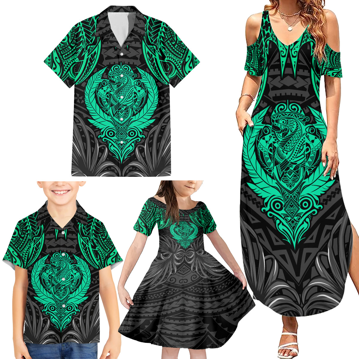Polynesian Family Matching Summer Maxi Dress and Hawaiian Shirt Abstract Tiki - Wonder Print Shop