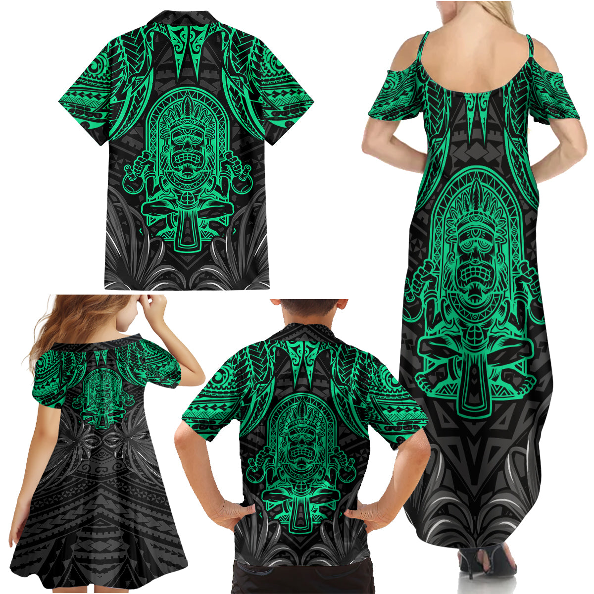 Polynesian Family Matching Summer Maxi Dress and Hawaiian Shirt Abstract Tiki - Wonder Print Shop