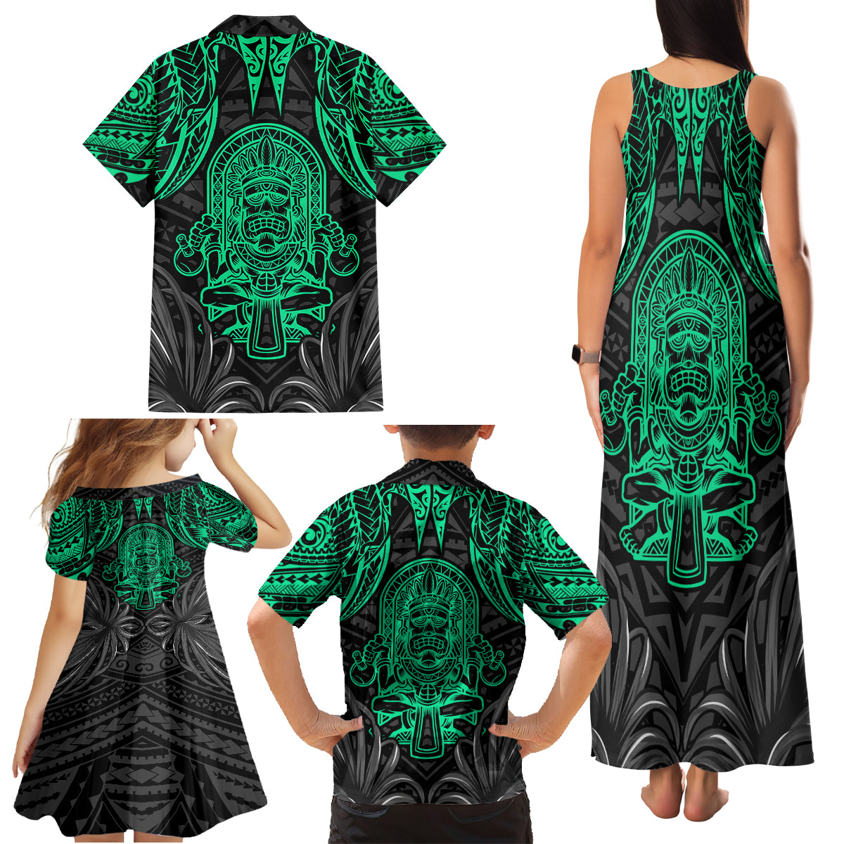 Polynesian Family Matching Tank Maxi Dress and Hawaiian Shirt Abstract Tiki - Wonder Print Shop