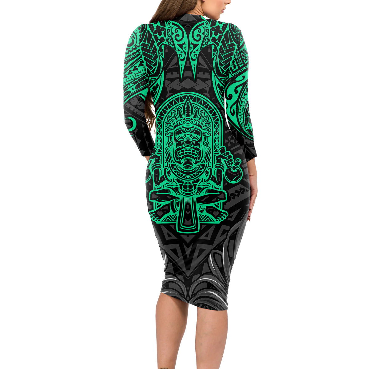 Polynesian Long Sleeve Bodycon Dress Abstract Tiki - Wonder Print Shop