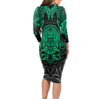 Polynesian Long Sleeve Bodycon Dress Abstract Tiki - Wonder Print Shop