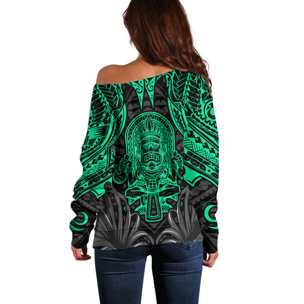 Polynesian Off Shoulder Sweater Abstract Tiki - Wonder Print Shop