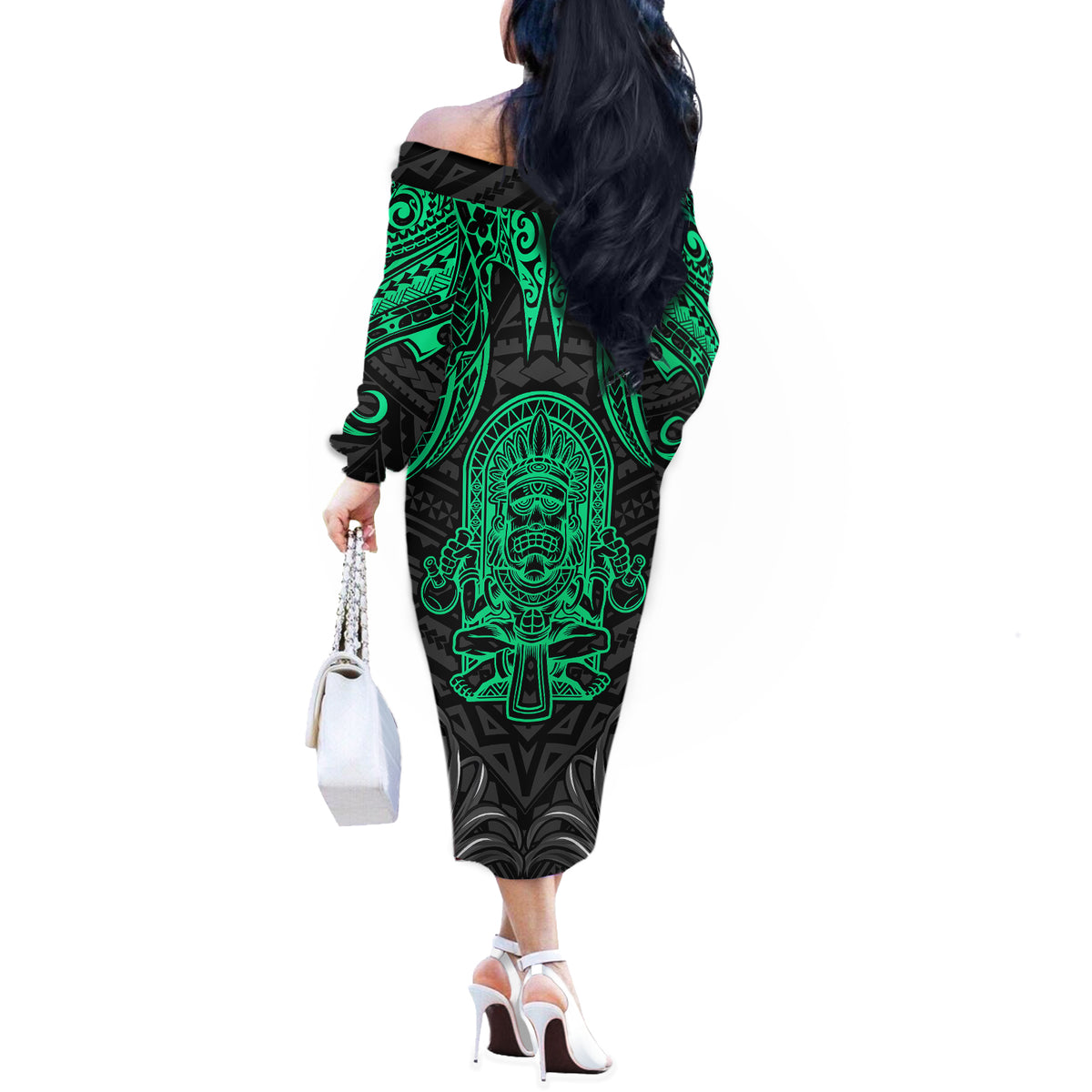 Polynesian Off The Shoulder Long Sleeve Dress Abstract Tiki - Wonder Print Shop