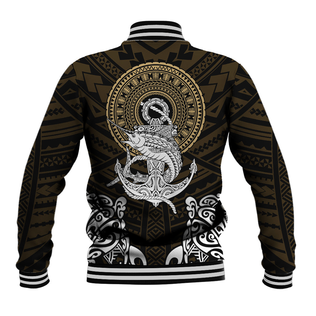 Polynesian Swordfish Baseball Jacket with Anchor Pattern and Tribal Turtle - Wonder Print Shop