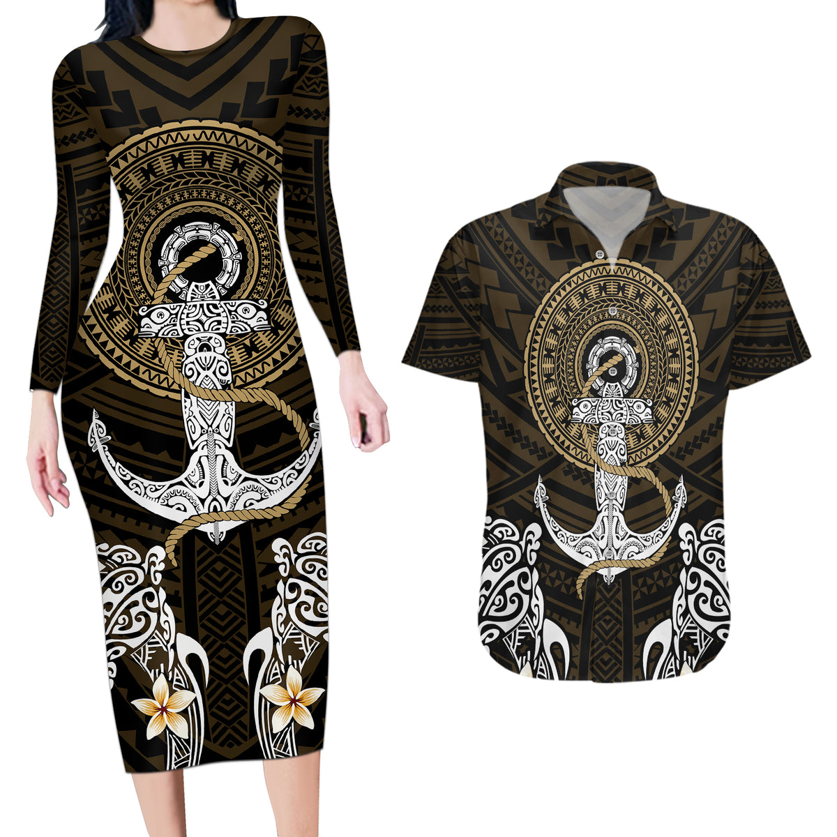 Polynesian Swordfish Couples Matching Long Sleeve Bodycon Dress and Hawaiian Shirt with Anchor Pattern and Tribal Turtle - Wonder Print Shop