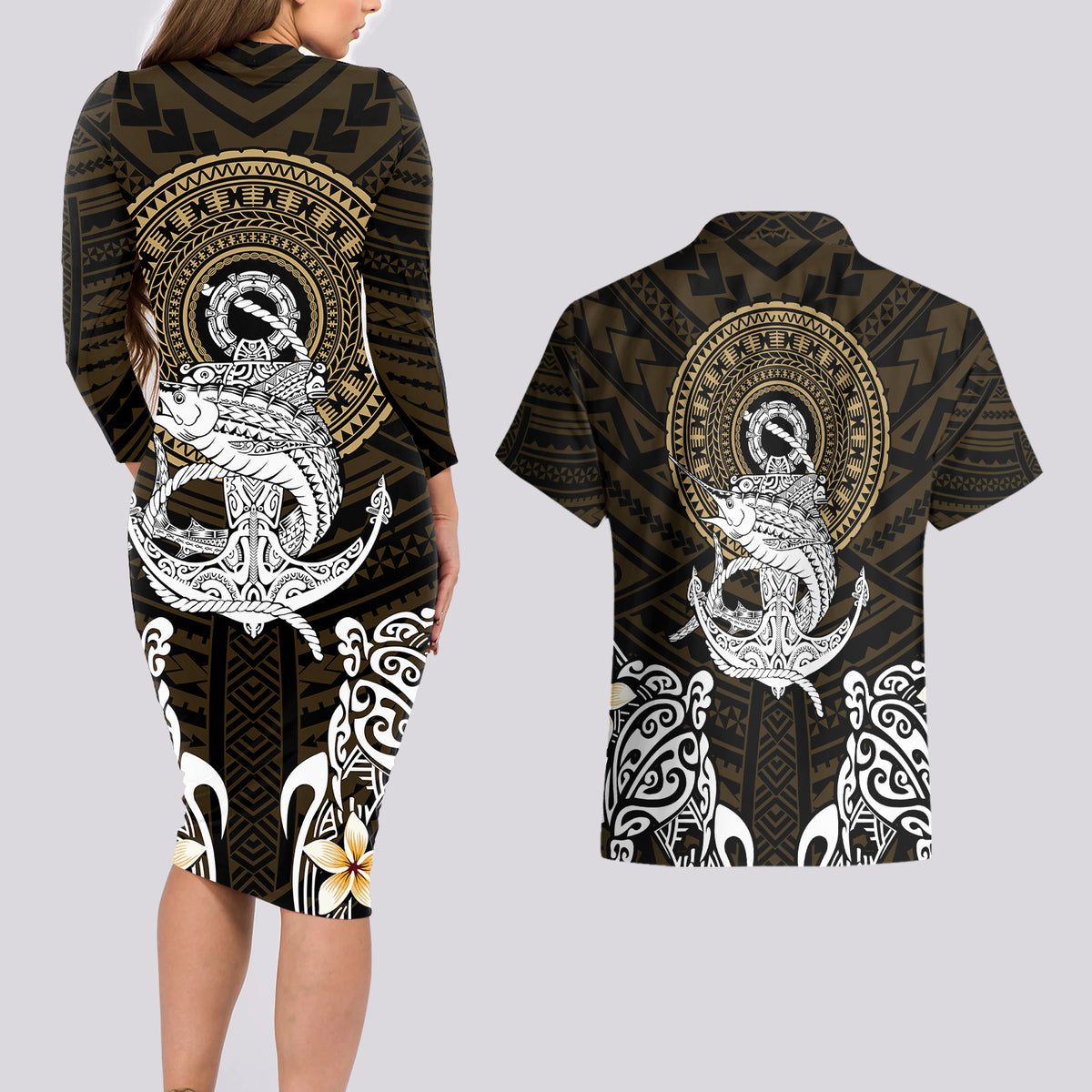 Polynesian Swordfish Couples Matching Long Sleeve Bodycon Dress and Hawaiian Shirt with Anchor Pattern and Tribal Turtle - Wonder Print Shop