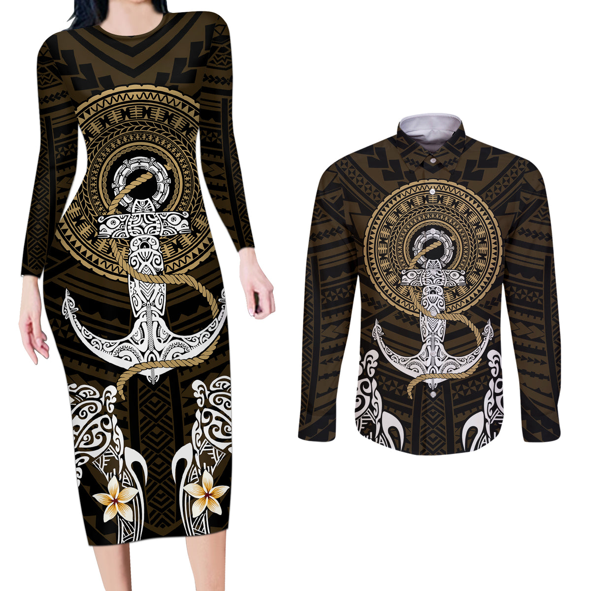 Polynesian Swordfish Couples Matching Long Sleeve Bodycon Dress and Long Sleeve Button Shirts with Anchor Pattern and Tribal Turtle - Wonder Print Shop