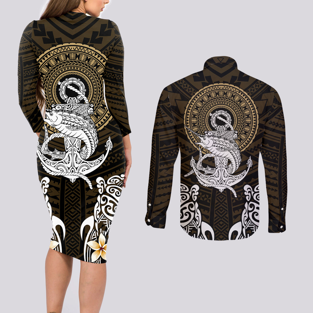 Polynesian Swordfish Couples Matching Long Sleeve Bodycon Dress and Long Sleeve Button Shirts with Anchor Pattern and Tribal Turtle - Wonder Print Shop