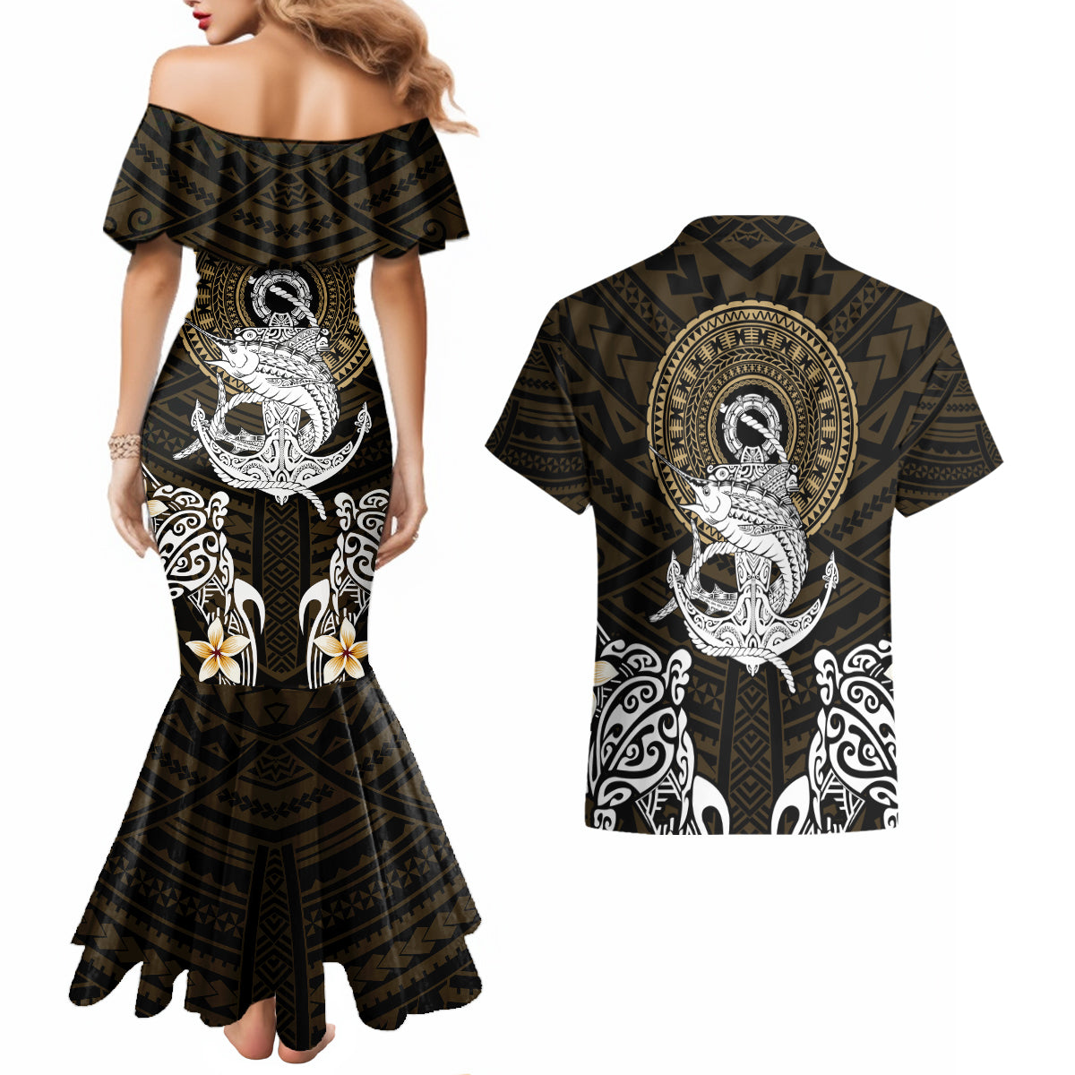 Polynesian Swordfish Couples Matching Mermaid Dress and Hawaiian Shirt with Anchor Pattern and Tribal Turtle - Wonder Print Shop