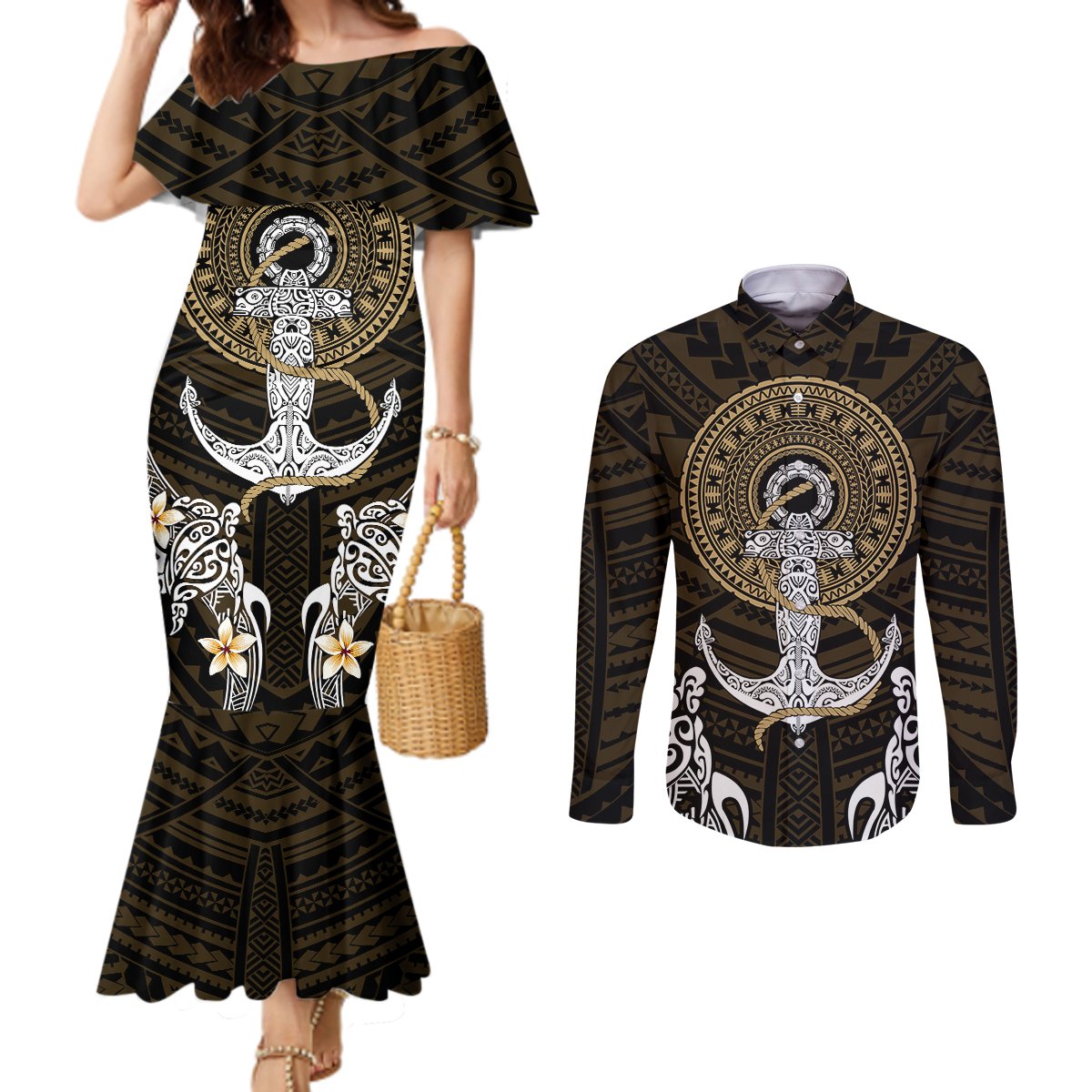 polynesian-swordfish-couples-matching-mermaid-dress-and-long-sleeve-button-shirts-with-anchor-pattern-and-tribal-turtle