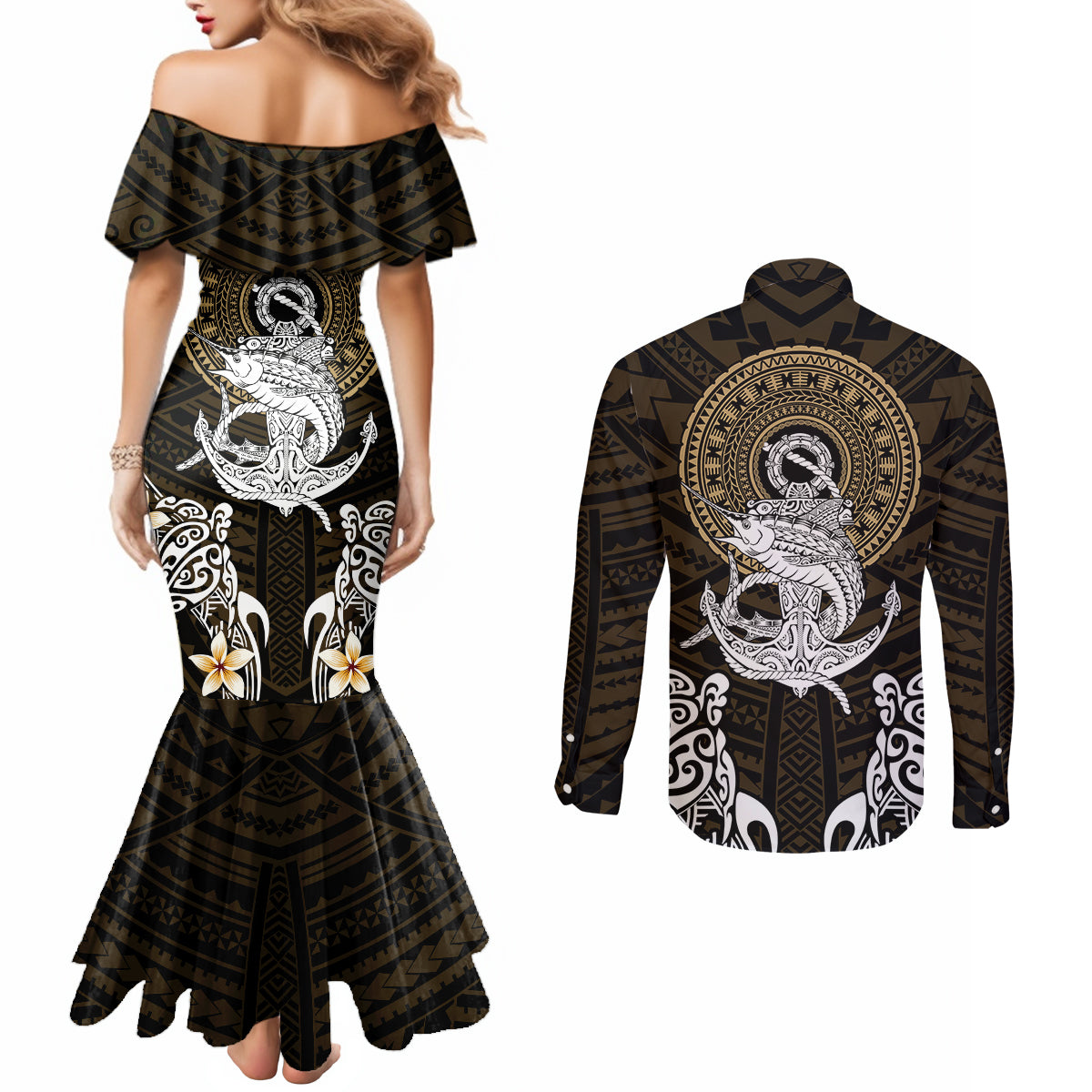 polynesian-swordfish-couples-matching-mermaid-dress-and-long-sleeve-button-shirts-with-anchor-pattern-and-tribal-turtle
