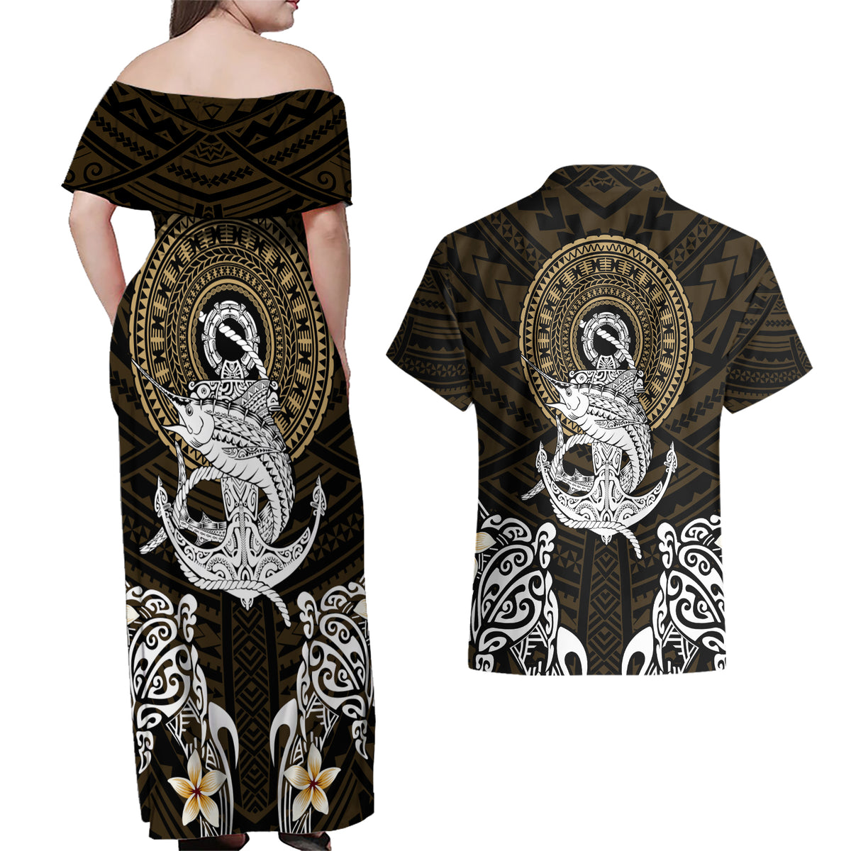 Polynesian Swordfish Couples Matching Off Shoulder Maxi Dress and Hawaiian Shirt with Anchor Pattern and Tribal Turtle - Wonder Print Shop