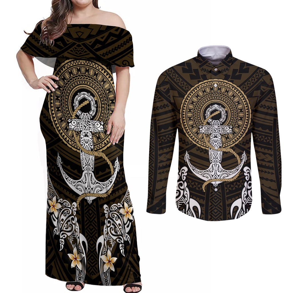 Polynesian Swordfish Couples Matching Off Shoulder Maxi Dress and Long Sleeve Button Shirts with Anchor Pattern and Tribal Turtle - Wonder Print Shop