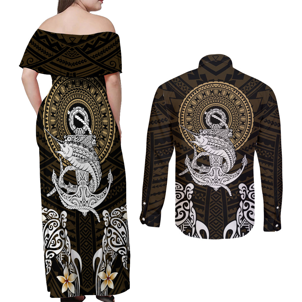 Polynesian Swordfish Couples Matching Off Shoulder Maxi Dress and Long Sleeve Button Shirts with Anchor Pattern and Tribal Turtle - Wonder Print Shop