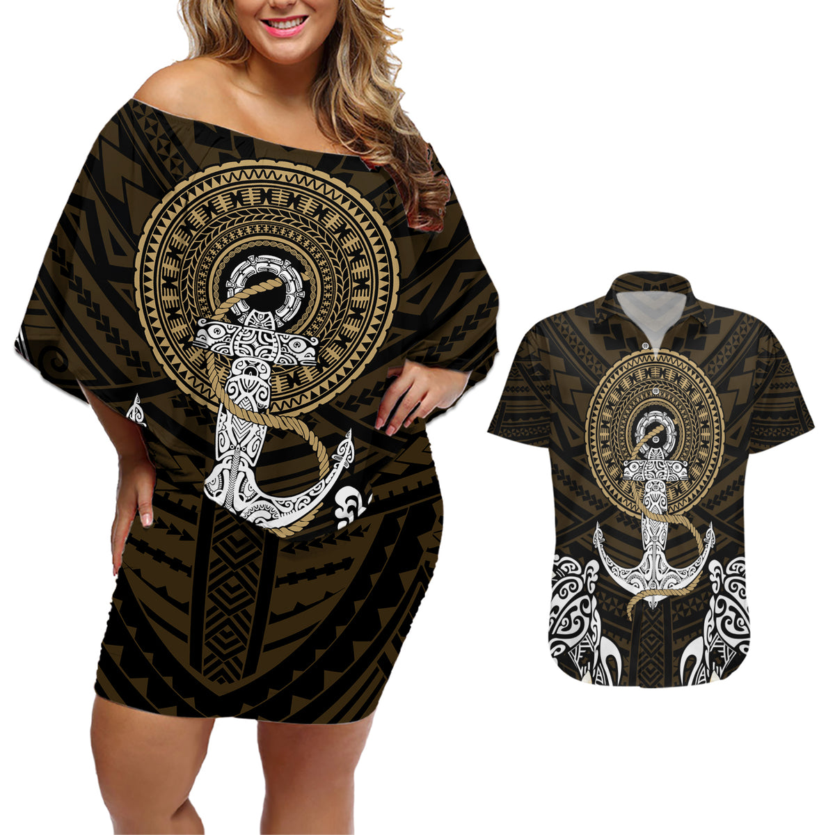 Polynesian Swordfish Couples Matching Off Shoulder Short Dress and Hawaiian Shirt with Anchor Pattern and Tribal Turtle - Wonder Print Shop