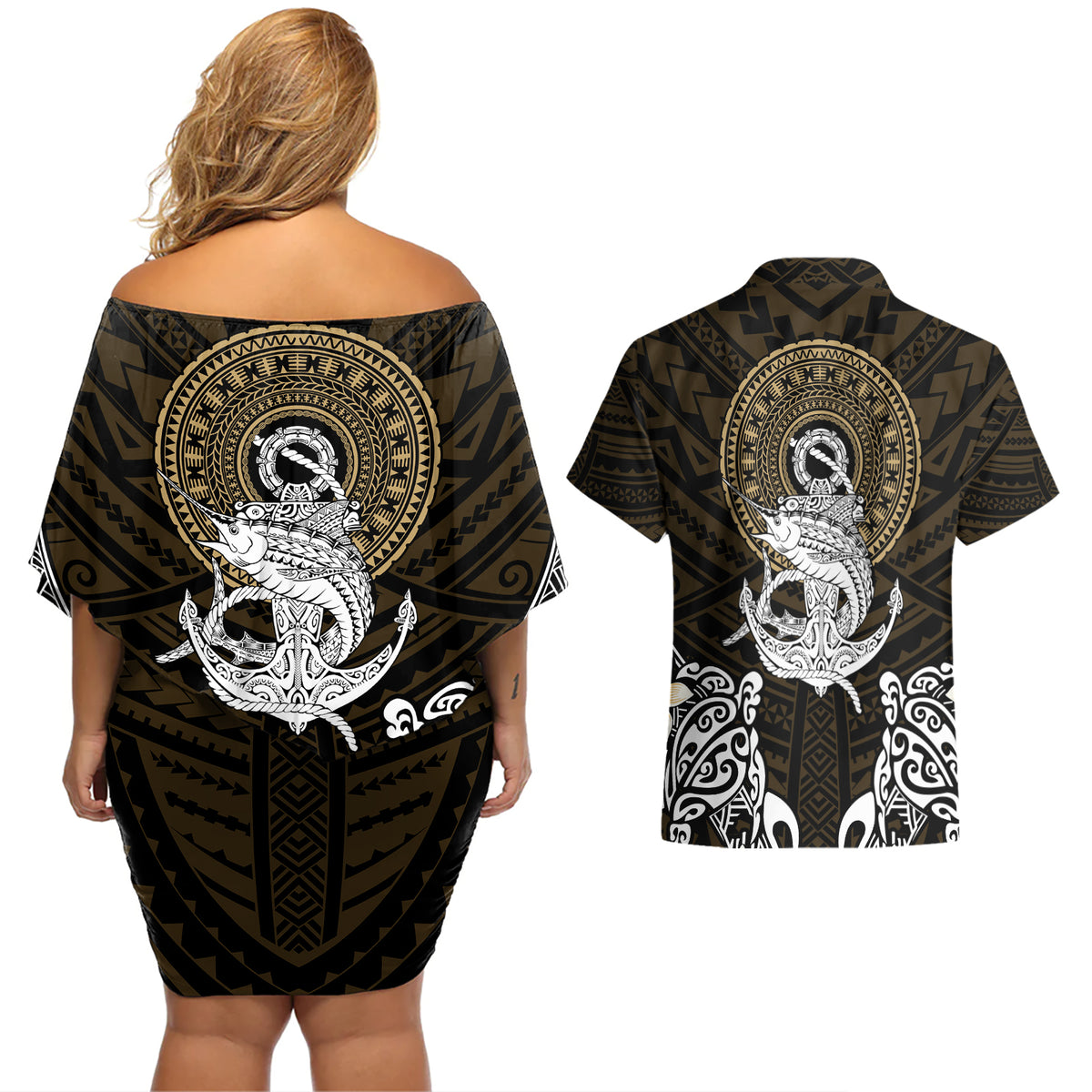 Polynesian Swordfish Couples Matching Off Shoulder Short Dress and Hawaiian Shirt with Anchor Pattern and Tribal Turtle - Wonder Print Shop