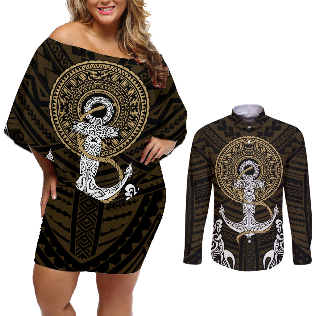 Polynesian Swordfish Couples Matching Off Shoulder Short Dress and Long Sleeve Button Shirts with Anchor Pattern and Tribal Turtle - Wonder Print Shop