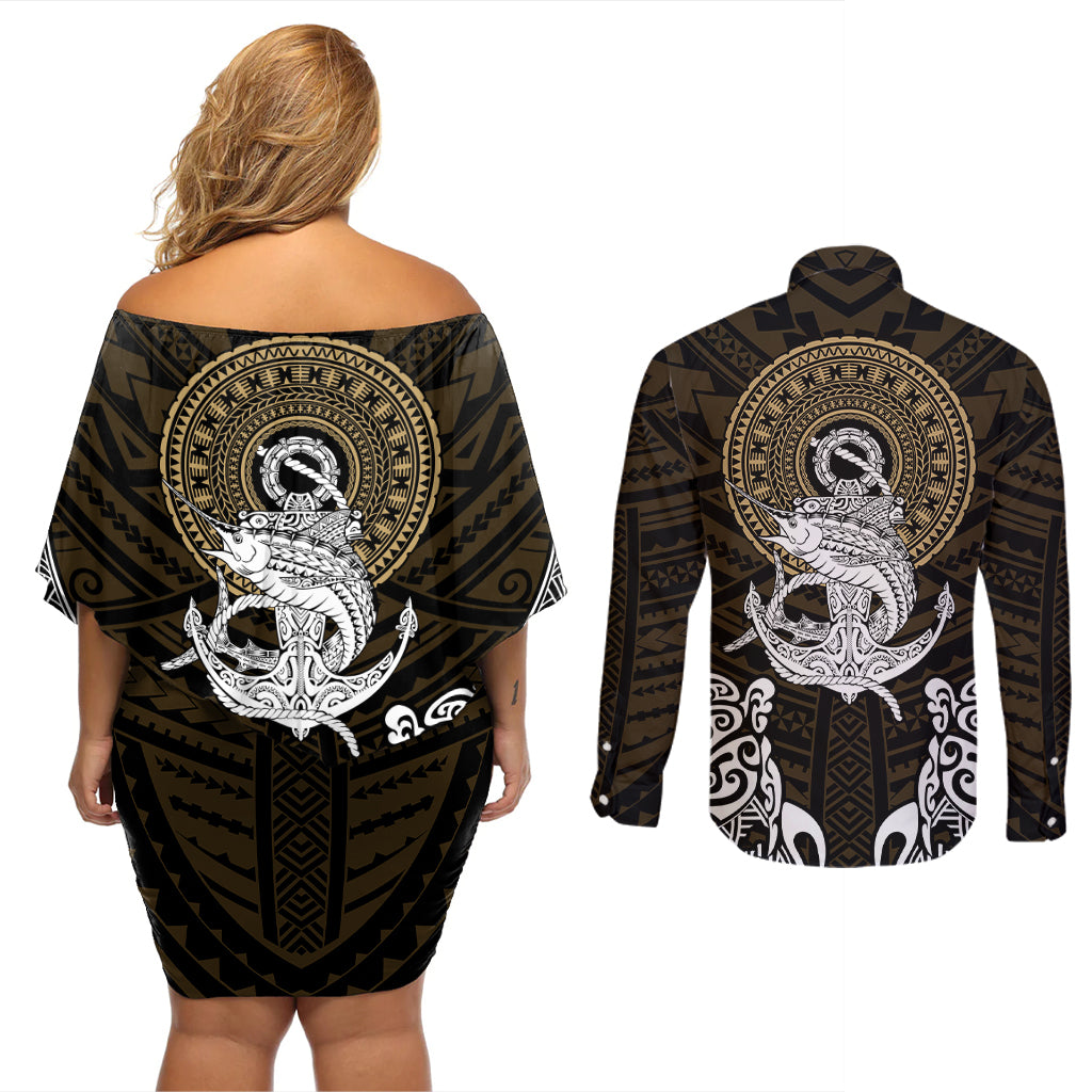 Polynesian Swordfish Couples Matching Off Shoulder Short Dress and Long Sleeve Button Shirts with Anchor Pattern and Tribal Turtle - Wonder Print Shop