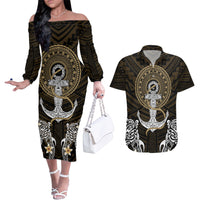 Polynesian Swordfish Couples Matching Off The Shoulder Long Sleeve Dress and Hawaiian Shirt with Anchor Pattern and Tribal Turtle - Wonder Print Shop