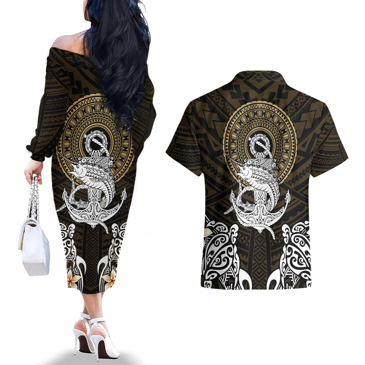Polynesian Swordfish Couples Matching Off The Shoulder Long Sleeve Dress and Hawaiian Shirt with Anchor Pattern and Tribal Turtle - Wonder Print Shop