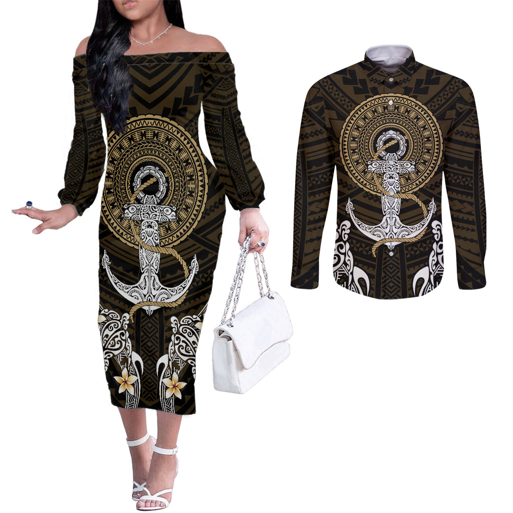 polynesian-swordfish-couples-matching-off-the-shoulder-long-sleeve-dress-and-long-sleeve-button-shirts-with-anchor-pattern-and-tribal-turtle