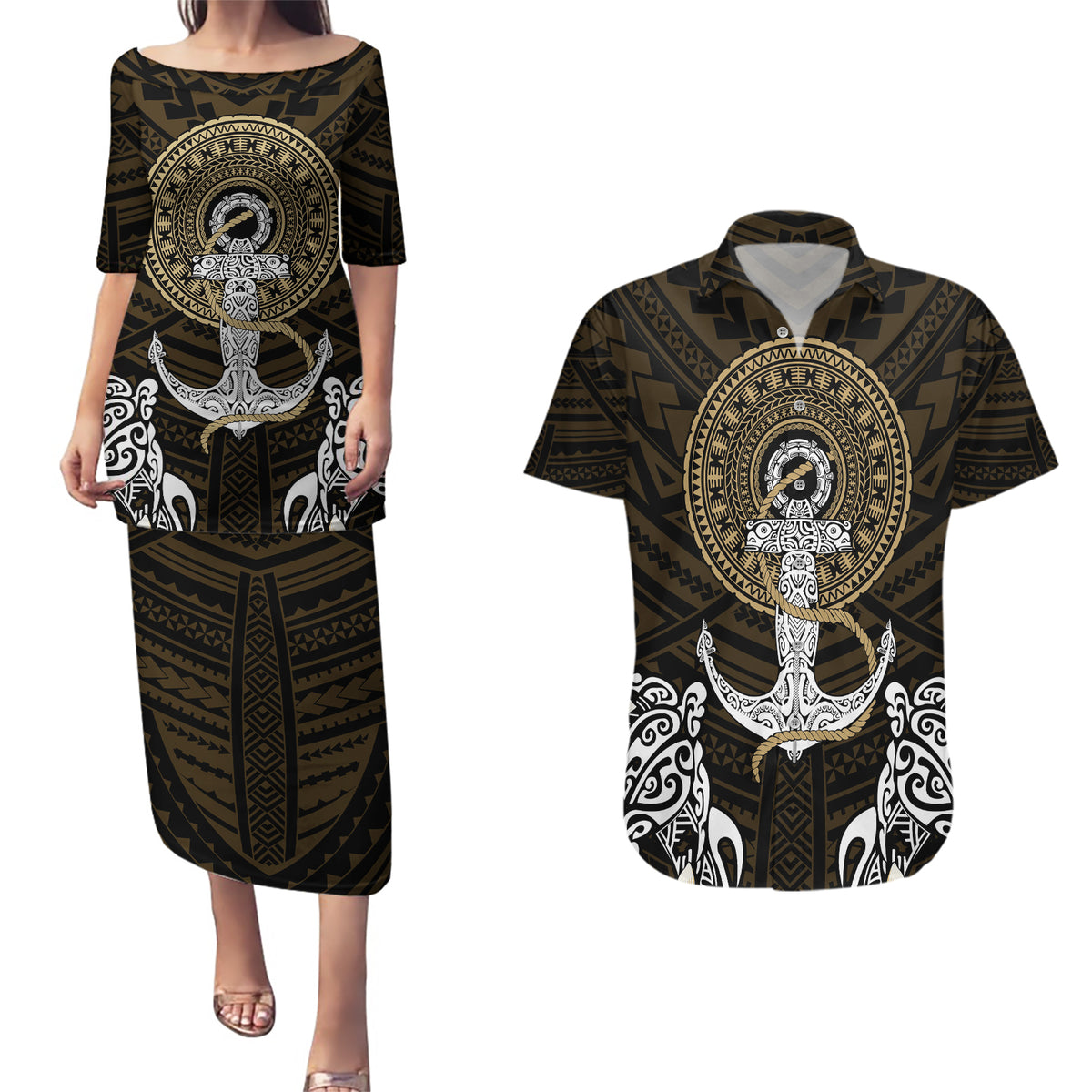 Polynesian Swordfish Couples Matching Puletasi Dress and Hawaiian Shirt with Anchor Pattern and Tribal Turtle - Wonder Print Shop